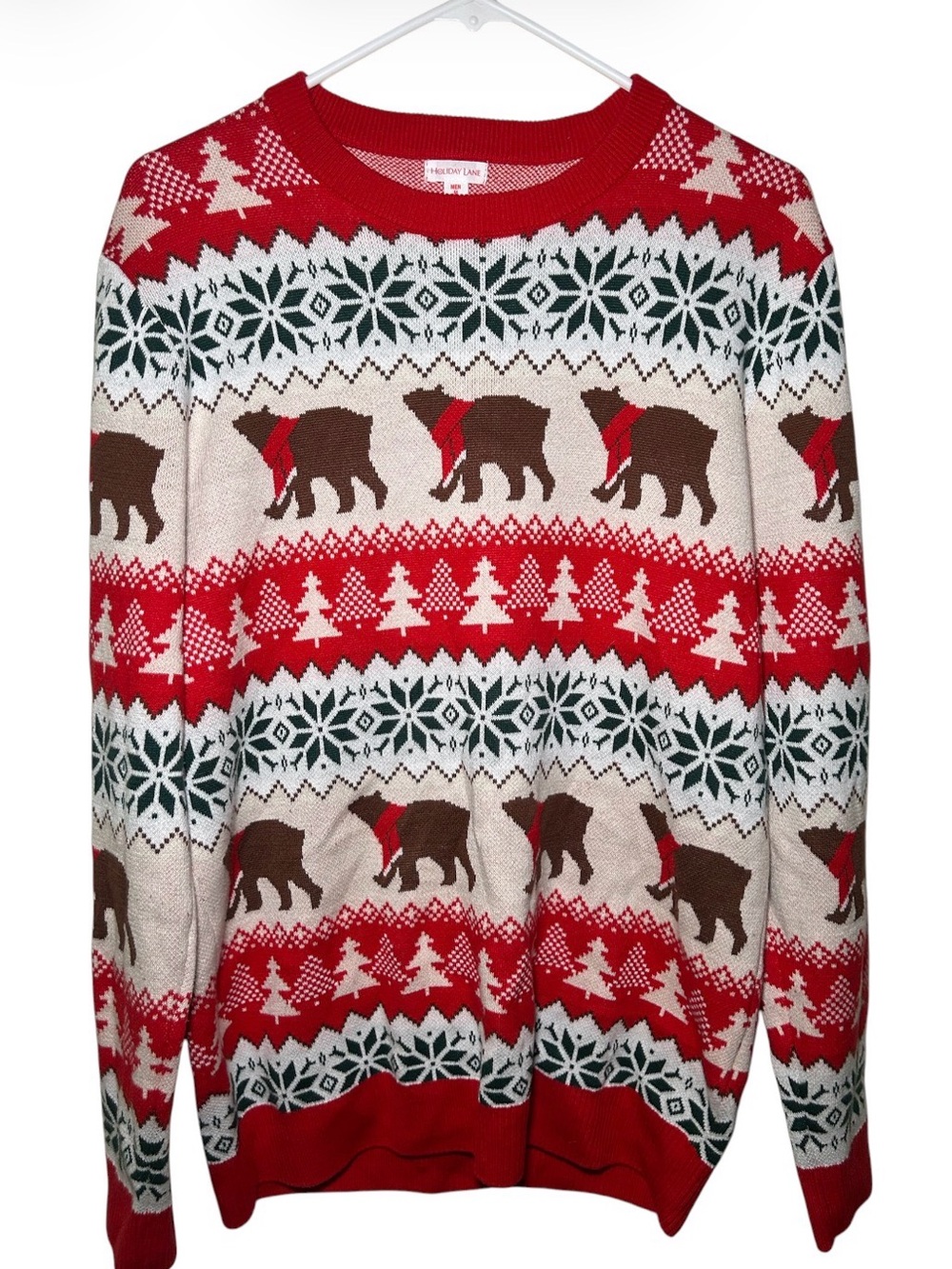 Holiday Lane Bear Striped Christmas Crewneck Sweater Red Beige Medium Warm
